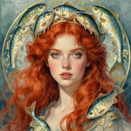 beautifull portrait of a young redhair woman wearin a crown made of fish in watercolors, intricate, elegant, highly detailed, digital painting, artstation, concept art, smooth, sharp focus, illustration, art by krenz cushart and artem demura and alphonse mucha, dynamic lighting, ultrarealistic, cinematic, octane render, unreal engine, 8 k