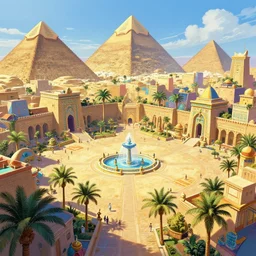 A wide open courtyard in an epic, colorful city in ancient Egypt, anime, pyramids, palm trees, fountain, a fantasy digital painting by Greg Rutkowski and James Gurney, trending on Artstation, highly detailed