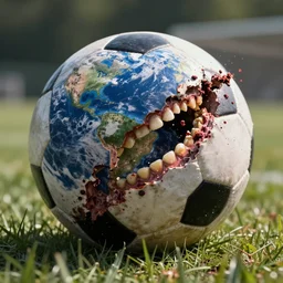 the earth getting eaten by a soccer ball with teeth, cinematic, epic