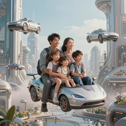 the perfect family portrait in a futuristic city, flying cars, high tech gear, ornemental, intricate, cinematic ambiance, delicate, photo realistic.