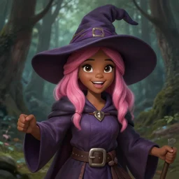 picture of cute female wizard in the forest, ferred - themed robes and hat, pink hair, brown skin, energetic, high fantasy, highly detailed, detailed faces, smooth, sharp focus, chiaroscuro, digital painting, concept art, artgerm and greg rutkowski and alphonse mucha