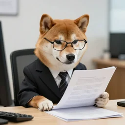 photo of a real shiba inu dog wearing a suit and reading glasses, reading a document at a desk in his office. Highly detailed 8k. Intricate. Sony a7r iv 55mm. Award winning.