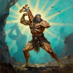 muscular giraffe barbarian hunter  full hairy body fighting pose , sun rays , big shadows, small bird sihouettes  in cyan background , very textured detailed  oil painting by rembrandt , hard backlight , in dark cave