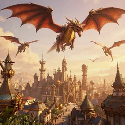 fantasy city with steampunk dragons in the sky, warm colors, 4 k, unreal, hd, 8 k