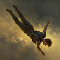 cyberpunk, man levitating at zero gravity, floating, diving in epic pose, atmospheric lighting, painted, intricate, golden hour, ultra detailed by peter gric, giger, enki bilal