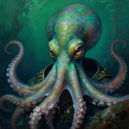 baroque neoclassicist close - up portrait of an alien octopus sea captain with an intense gaze with big glowing eyes, underwater sci - fi sea creatures in the background. iridescent textures. deep green and blue. highly detailed science fiction painting by norman rockwell, frank frazetta, and syd mead. rich colors, high contrast, gloomy atmosphere. trending on artstation and behance.