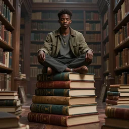 young black man sitting lotus style atop a stack of giant books in a grand library, urban clothing, ultra realistic, concept art, intricate, mysterious, highly detailed, digital painting, octane render, 8 k, unreal engine. art by artgerm greg rutkowski charlie bowater magali villeneuve alphonse mucha
