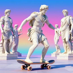 greek marble statue riding a skateboard in ancient greece with other greek statues in the background, vibrant 9 0 s vaporwave art