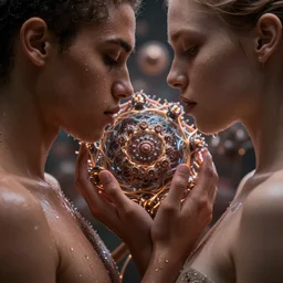 closeup of beautiful multiracial human bodies intertwined, bodies blooming, 3 d fractals, mandelbulb, dripping wet, skin, macro photography, anamorphic bokeh, long exposure, highly detailed, hyperrealism, cinematic