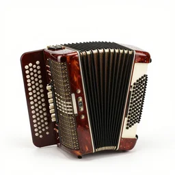 vintage concertina, commercial catalog photo, isolated on a pure white background, centered, entire object in frame, sharp focus, soft studio lighting