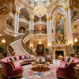 large luxurious billionaire's atrium. Maximalist colorful decoration and fancy furniture. Classic architecture with golden accents. Curved staircase with elaborate railing. Large ornate fireplace. Illumination provided by fire torches, chandeliers, and candles. Detailed digital art trending on artstation