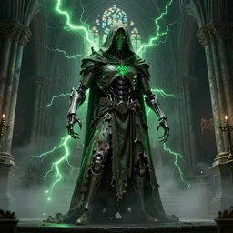 character design, biomechanical arcanist inside church, tattered robe and hood, green lightning, fog, scary, arrogant, hostile, photorealistic, cinematic, hyper realistic, octane render, 8 k, full shot