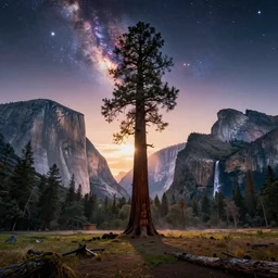 gediminas pranckevicius an landscape view, epic insane godray dawn sky, galaxies and star in the sky, immense waterfall, giant sequoia, massive mountains, epic composition, 4 k, detailed, realistic