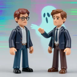 image of gilbert and george being possessed by the ghost of alan turing, chromatic noise, stop motion vinyl action figure, plastic, toy, butcher billy style