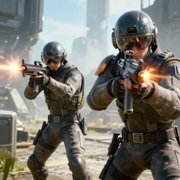 two futuristic japanese soldiers firing away from the camera, eye catching composition, realistic, unreal engine 5, global illumination, detailed environment, bright colours, cinematic, atmosphere, 4 k