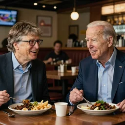 Joe Biden and Bill gates,  having dinner at a Dive bar restaurant, award winning cinematic photography, 50 mm, blurred background, trending on twitter