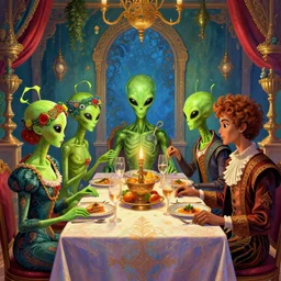 alien dinner party. digital art by eugene de blaas, ross tran, and nasreddine dinet, vibrant color scheme, intricately detailed, in the style of romanticism. artstation, greg rutkowski