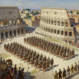 A mixed media painting of Rome with Roman legionaries assembled in a military parade formation in the center of the city, isometric view, by Frank Frazetta, Thomas Cole, Boris Vallejo, Greg Rutkowski, Beeple, Yoko Taro, Christian MacNevin, epic fantasy character art, roman numerals, high fantasy, CGsociety, full length, exquisite detail, post-processing, masterpiece, cinematic, tiny crimson petals falling, Rome backdrop