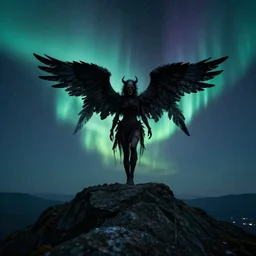 a demonic angel of death on top of a mountain at night with the aurora borealis in the sky