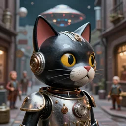zoomed out profile face portrait of tin toy cat robots in armour, 1 9 5 0 s scifi, ufo, moon, meninblack, steampunk, alley, streets, nicoletta ceccoli, mark ryden, lostfish, max fleischer, depth of field, detailed and intricate environment, 8 k resolution, hyperrealistic, octane render