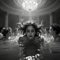 people trapped in a flooded ballroom, drowning, underwater view, black and white photograph
