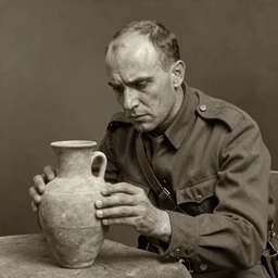 a detailed photorealistic sepia - toned color portrait painting of a 1 9 1 7 worried clean - shaven british lieutenant in field gear in north arabia examining an ancient clay cylinder ultra realistic, intricate details, atmospheric, dark, brooding, highly detailed, by clyde caldwell