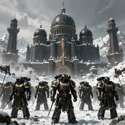 black armoured praetorian death guard soldiers in cyberpunk imperial Russia, snow capped mountains, industrial citadel black domes and spires, highly detailed beautiful concept art of an oppressive towering city