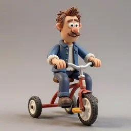 hyperrealism steve buscemi riding a tricycle, light effect, hyper detailed, claymation, cartoon, detailed, realistic materials, sharp focus