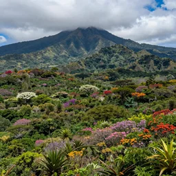 colorful, big island with lush flora and mysterious landscapes