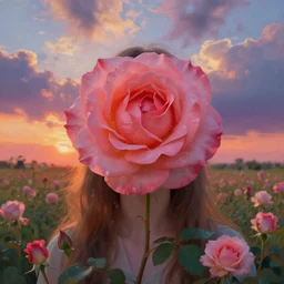 large rose in face, girl frontal in a flower field, surreal photography, sunrise dramatic light, impressionist painting, colorful clouds, digital painting, artstation, simon stalenhag