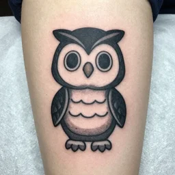 A black tattoo of Blathers the owl from Animal Crossing