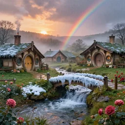 spring at medieval hobbit village, ornate, beautiful, atmosphere, vibe, mist, smoke, fire, chimney, rain, wet, pristine, puddles, waterfall, melting, dripping, snow, creek, sunset, rainbow, ice, bridge, forest, roses, flowers, color page, 4 k, rembrandt, trending on artstation
