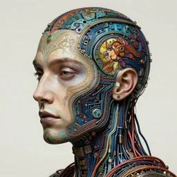 hyperrealistic detailed face side portrait of the agi god, wires, circuits, anrdroid face, technology, hivemind ernst haeckel, john william godward, android jones, alphonso mucha, h. r. giger, gothic - cyberpunk, ornamental, beautiful deep colours,