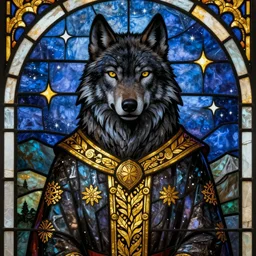 detailed stained glass art of a black wolf priest with gold patterns on its clothing, starry sky stained glass design, sharp focus, featured on artstation