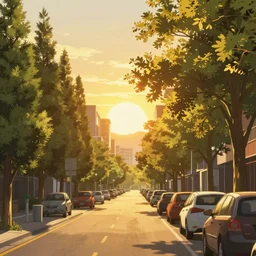 city street, uptown street, golden hour, golden sunshine, trees over road, shining sun in distance, trees, juniper trees, oak trees, cars parked in street, long street, distance, cel - shaded, raytracing, cel - shading, toon - shading, 2 0 0 1 anime, flcl, jet set radio future, drawn by artgerm