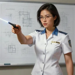 epic portrait of slightly muscular asian woman wearing shortsleeved white uniform, instructing with laserpointer, blueprint for background, glasses, detailed, digital painting, artstation, concept art, donato giancola, joseph christian leyendecker, wlop, boris vallejo, breathtaking, 8 k resolution, extremely detailed, beautiful, establishing shot, artistic, hyperrealistic, beautiful face, octane render
