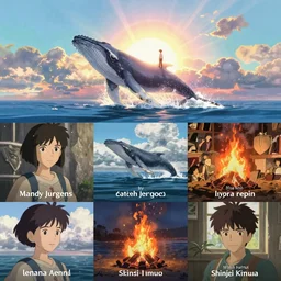memorable animation key shot, lone man stranded on an island, whale jumping out of the sea, back lit, bonfire, by mandy jurgens, by satoshi kon, ilya repin, lena aenami, shinji kimura, daylight pastel color palette
