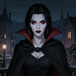 a portrait of a very beautiful vampire woman with black hair and pale skin, red eyes, wearing a black cloak, nightime village background, dramatic lighting, 4k resolution, illustration, high quality, highly detailed, charlie bowater, lois van baarle, ilya kuvshinov, rossdraws, artstation