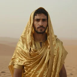 a man in a golden paranja in the desert, in a light, low fog, atmospheric hyper realistic render from the movie directed by denis villeneuve with art direction by zdzisław beksinski, close up, telephoto lens