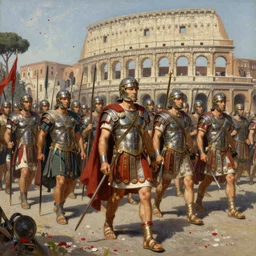 A mixed media painting of a roman legionary in rome on parade day, isometric view, by Frank Frazetta, Thomas Cole, Boris Vallejo, Greg Rutkowski, Beeple, Yoko Taro, Christian MacNevin, epic fantasy character art portrait, roman numerals, high fantasy, CGsociety, full length, exquisite detail, post-processing, masterpiece, cinematic, tiny crimson petals falling, Rome backdrop