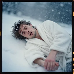 kodak portra 4 0 0, wetplate, dynamic, motion blur, award - winning portrait by britt marling of an ancient sleepwalking helpless desperate man in bathrobe during a blizzard, snowflakes,
