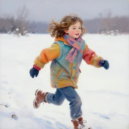 a twelve year old girl with short wavy curly light brown hair and blue eyes wearing colorful winter clothes is running in a snowy field. beautiful painting by artgerm and greg rutkowski