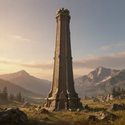 A beautiful hyper realistic detailed matte painting of an ancient tower carved with runes ans magic symbols stands in the centre of composition in a montane grassland landscape at sunrise with huge|by John Howe and Andreas Rocha and Martin Johnson Heade and Albert Bierstadt|unreal engine, trending on artstation, barometric projection, rectilinear