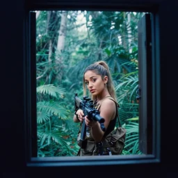 film still, extreme far view, ariana grande, jungle, vietnam door gunner, apocalypse now, associated press, 2 6 mm lens, kodak ektachrome, blue tint expired film