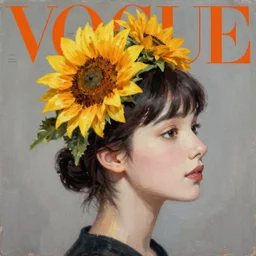 sunflower tiara, korean audrey hepburn, vogue magazine, greg rutkowski, john singer sargent, trending on artstation, anime, oil painting, side profile portrait, looking right, intricate