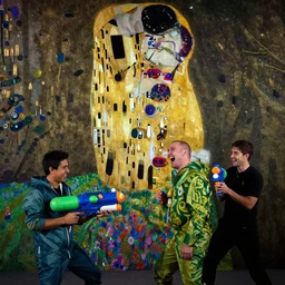 laughing and playing with nerf water guns by waterhouse, craig mullins, ruan jia, gustave klimt
