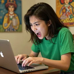 a very cute girl is typing frantically on the keyboard of her macbbok, she wears a green shirt, she is very excited and overwhelmed by excitation, cinematic and dramatic, 8 k, crisp lines, sharp edges, vibrant colors by artgerm, cushart krenz, greg rutkowski, mucha