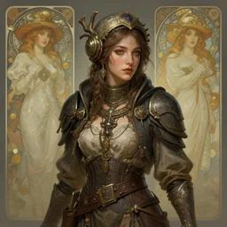 A full portrait of a beautiful post apocalyptic offworld junk merchant, intricate, elegant, highly detailed, digital painting, artstation, concept art, smooth, sharp focus, illustration, art by Krenz Cushart and Artem Demura and alphonse mucha