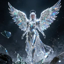 angel knight, made of crystal, broken mirrors, holographic wings, cinematic lighting, black hole battle scene, 8 k, vray render, cinematic style of interstellar, style of james nachtwey