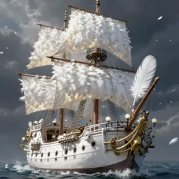 detailed white pirate ship with hundreds of white feathers by greg rutkowski, enigmatic atmosphere, beautiful and cinematic lighting, artstation hq.